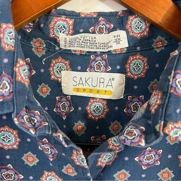 Sakura Sport Aztec Button Up All Over Pattern Floral Spotted 100% Cotton 90s Top - Picture 8 of 8